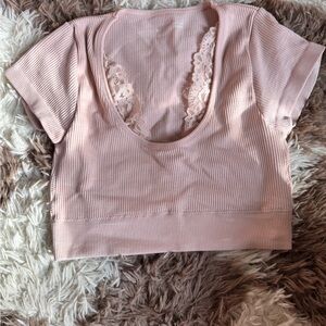 Aerie Pink Ribbed Crop Short Sleeve/Bralette
